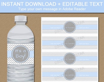 Boy Baby Shower Water Bottle Labels Instant Download - Printable Boy Baby Shower Water Bottle Wraps - Blue Grey Baby Shower Decorations BB1