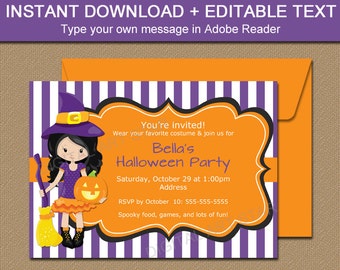 Witch Invitations - Halloween Party Invitation Instant Download - Purple Halloween Invitations - Downloadable Halloween Invite for Kids WDS