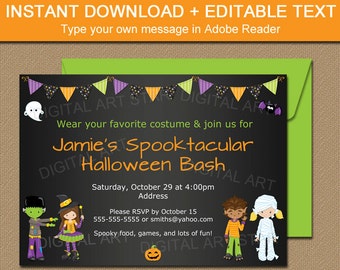 Kids Halloween Chalkboard Invitation - Kids Costume Party Invitation Printable - Halloween Girl or Boy Halloween Birthday Invitation HCBK