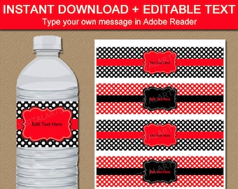 Printable Red and Black Water Bottle Labels, Birthday Party Decorations, Editable Water Bottle Sticker, Polka Dot Water Bottle Wrap B3