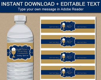 Boy Communion Favors, Boy First Communion Party Ideas, Navy and Gold Water Bottle Labels, Printable Labels, Editable Communinon Labels