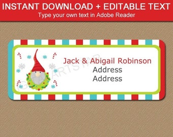 Christmas Address Labels Template, Christmas Gnome Labels, Christmas Gift Labels, Editable Address Labels, Holiday Return Address Stickers