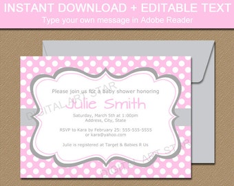 Pink Baby Shower Invitations, Pink and Gray Baby Shower Invites, Pink Gray Birthday Invitations Downloadable Invitation Party Printables BB3