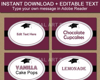 Maroon Graduation Candy Buffet Labels, Maroon Graduation Party Decorations, Printable Food Labels, Editable Tent Cards, Place Cards G1