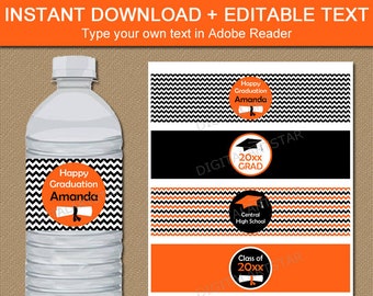 Printable Graduation Water Bottle Labels, Orange and Black Graduation Decorations 2024, High School Graduation Party Supplies G3