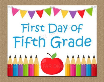 Printable Back to School Pencil Sign, First Day of Fifth Grade Sign, 1st Day of 5th Grade Sign, Teacher Door Sign Apple, Classroom Sign S3