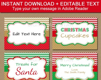 Printable EDITABLE Christmas Food Labels - Red Green Gold Chevron Candy Buffet Labels - Holiday Tent Cards, Place Cards - INSTANT DOWNLOAD