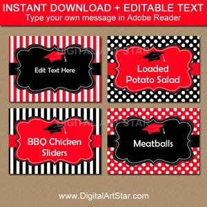 Graduation Food Labels, Candy Buffet Labels, Name Cards, Food Tents, Graduation Label Template, Red Black White Dessert Table Labels G4 image 1