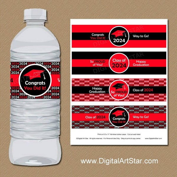 Graduation Water Bottle Labels PRINTABLE, Red and Black Graduation Decor, High School Graduation Water Bottle Wrappers Class of 2024 G1