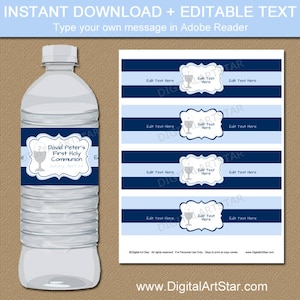 Boy First Holy Communion Party Decorations, Blue 1st Communion Water Bottle Labels Instant Download, PRINTABLE Water Bottle Stickers FC1 image 1