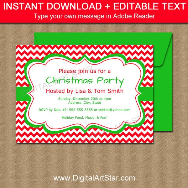 Red Chevron Invitation Template - EDITABLE Chevron Christmas Invitation Instant Download - Printable Holiday Invites Digital Xmas Invites C4