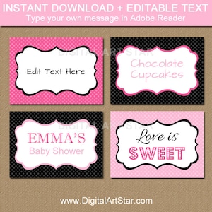 EDITABLE Pink Black Printable Labels, Buffet Cards, Tent Cards, Food Labels INSTANT DOWNLOAD Bridal Shower Labels Birthday Labels image 1