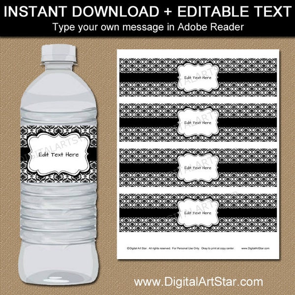 Black and White Water Bottle Labels, 40th Birthday, 60th Birthday Printable, Black and White Baby Shower, Damask Water Bottle Labels Wedding