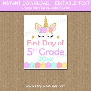 First Day of School Sign Unicorn, First Day of 5th Grade Sign Instant Download, Back to School Printable Sign, Unicorn First Day School U4 image 1