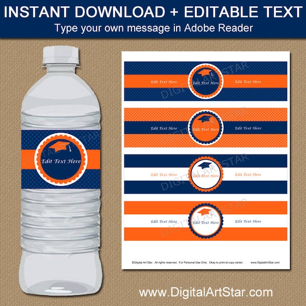 Graduation Water Bottle Labels PRINTABLE, Orange Navy Graduation Water Bottle Stickers, Grad Party Decor Download, Editable Water Labels G6