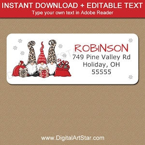 Holiday Return Address Label Download, Gnome Address Labels, Printable Christmas Address Labels, Editable Christmas Labels, Gift Labels image 1