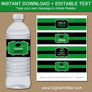Graduation Water Bottle Labels Printable, Kelly Green Graduation Party Decorations Class of 2024 Water Bottle Wraps, Editable Download G1 image 1