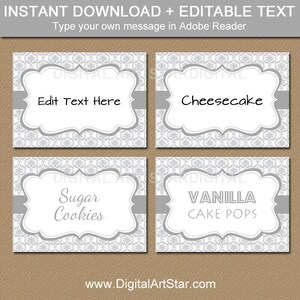 Silver Place Cards, Wedding Labels, Tent Cards, 25th Anniversary Printable Food Card, Food Tents, Candy Buffet Labels, Editable Template PDF image 1