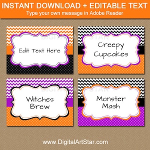 EDITABLE Halloween Chevron Food Labels, Printable Buffet Cards, Halloween Tent cards, DIY Candy Buffet Labels Halloween Labels INSTANT image 1