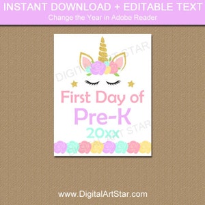 First Day of Pre-k Sign Girl, Unicorn Pre K Sign Template, Printable ...