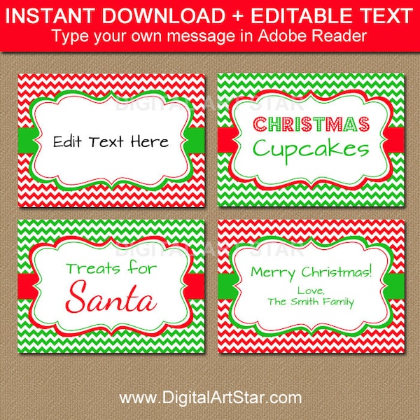 Holiday Party Food Labels, Christmas Food Labels, Printable Food Label Template, EDITABLE Holiday Place Cards, Christmas Chevron Labels C4