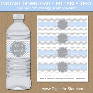 Boy Baby Shower Water Bottle Labels Instant Download Printable Boy Baby Shower Water Bottle Wraps Blue Grey Baby Shower Decorations BB1 image 1