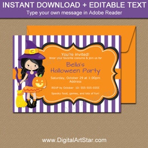 Witch Invitations Halloween Party Invitation Instant Download Purple Halloween Invitations Downloadable Halloween Invite for Kids WDS image 1