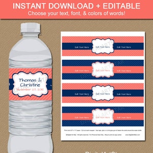 Coral and Navy Water Bottle Labels Navy and Coral Drink Wrappers Printable EDITABLE Template Bridal Shower, Birthday, Wedding Labels image 1