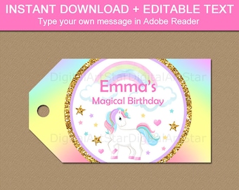 Unicorn Tag Printable, Rainbow Unicorn Party Favor Tag, Editable Favor Tags, Unicorn Gift Tag Template, Unicorn Birthday Party Printables U2