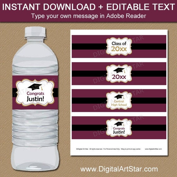 Graduation Party Decorations Maroon Gold Black Graduation Water Bottle Labels Instant Download, 2023 Graduation Decor, Party Ideas G1 Il_570xn