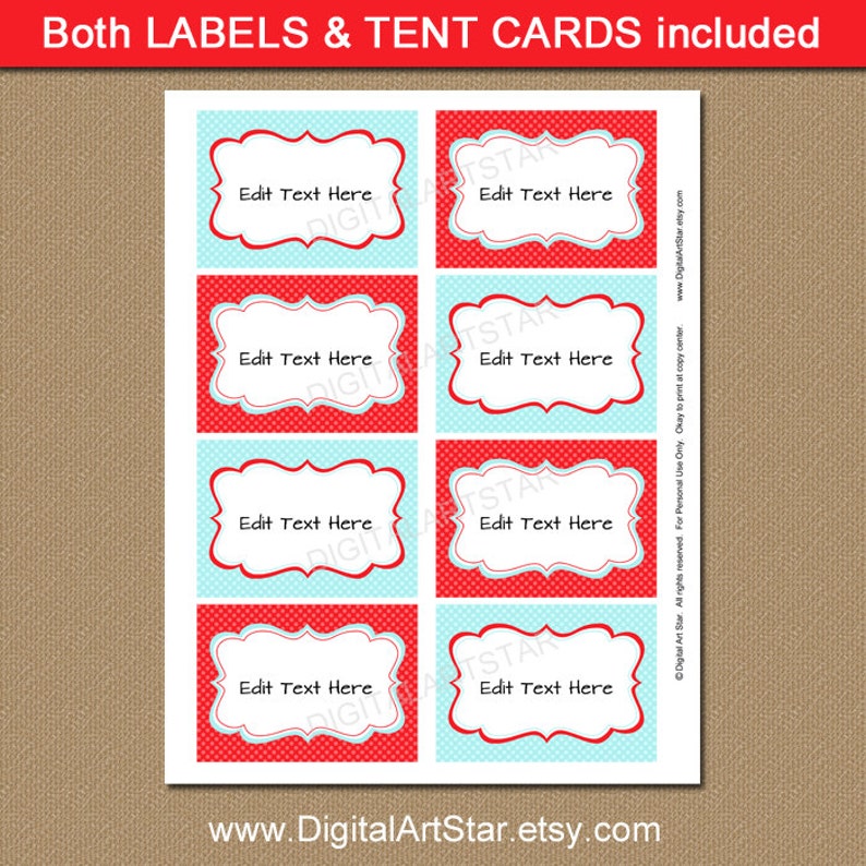 Printable Aqua & Red DIY Food Labels Buffet Cards Tent Etsy