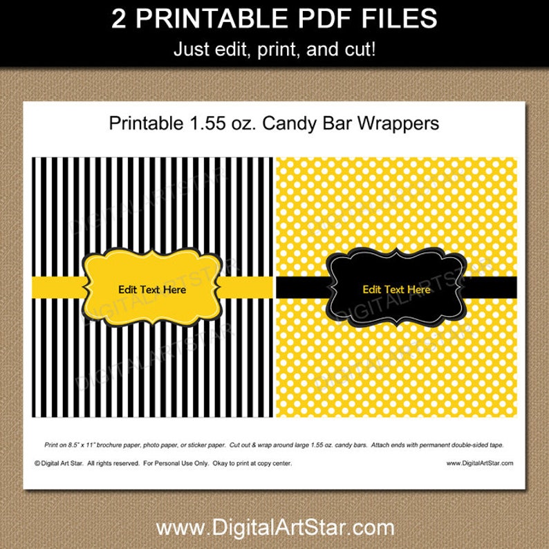 Candy Bar Wrappers Template, Candy Wrappers Birthday Black and Yellow 50th Birthday Party Favors, Printable Candy Bar Wrappers Retirement B3 image 3