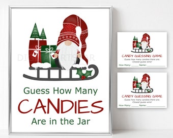 Gnome Christmas Party Games for Group - Holiday Party Game for Work - Christmas Gnome Printable Candy Guessing Game - Guess How Many Candies