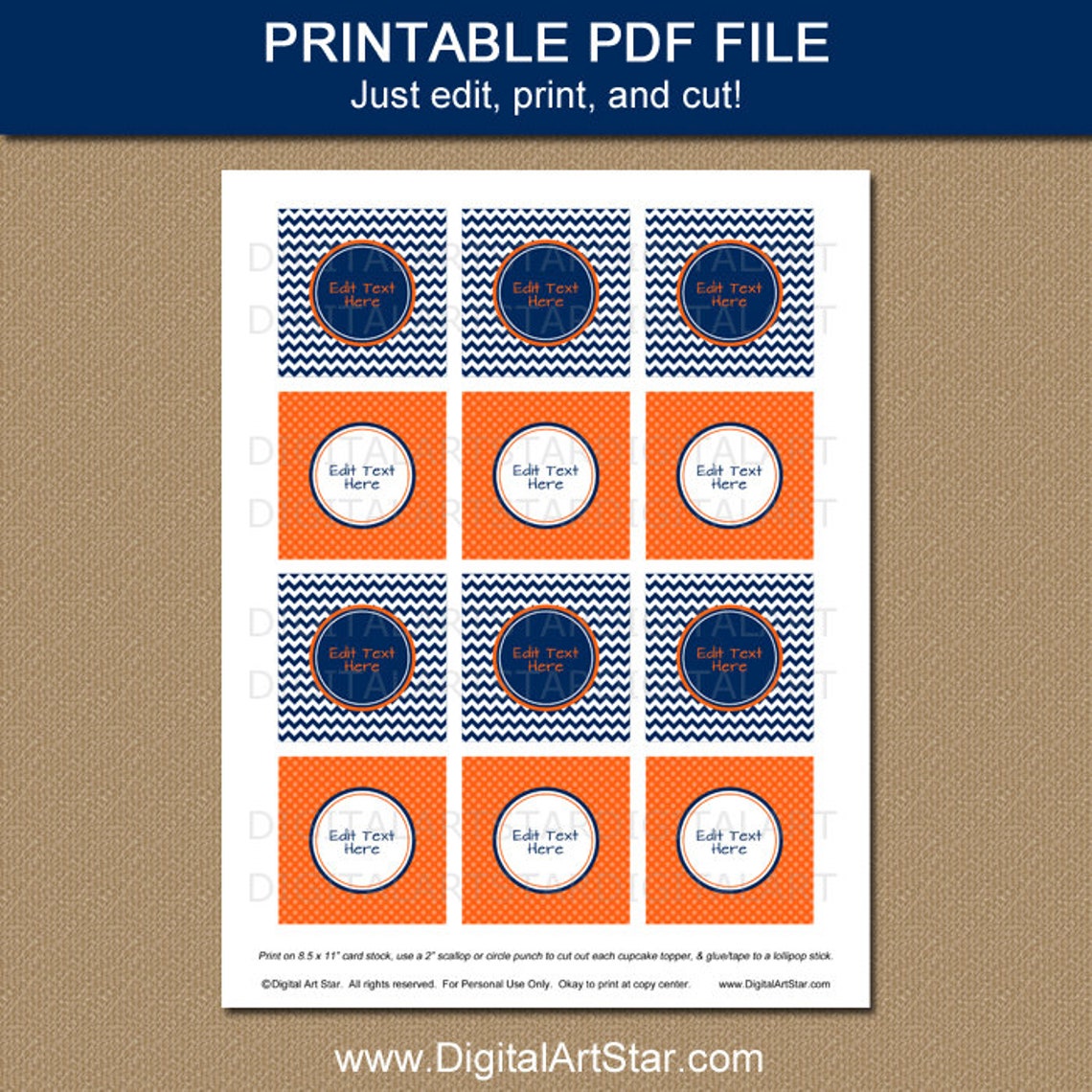 Personalized Birthday Cupcake Toppers Navy and Orange Party Etsy