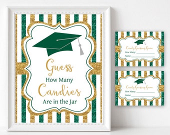 2024 Graduation Games Printable, Candy Guessing Game and Sign, Guess How Many Candies Are in the Jar, Hunter Green and Gold Graduation G9