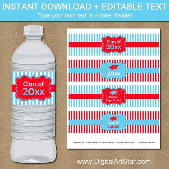 Graduation Water Bottle Labels, High School Graduation Party Ideas, Red and Sky Blue Graduation Party Decorations 2021 Printable Editable G4 Il_570xn