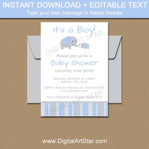 Boy Baby Shower Invitation Template - Elephant Baby Shower Invitation - PRINTABLE It's a Boy Invitation INSTANT DOWNLOAD Elephant Invite Il_570xn