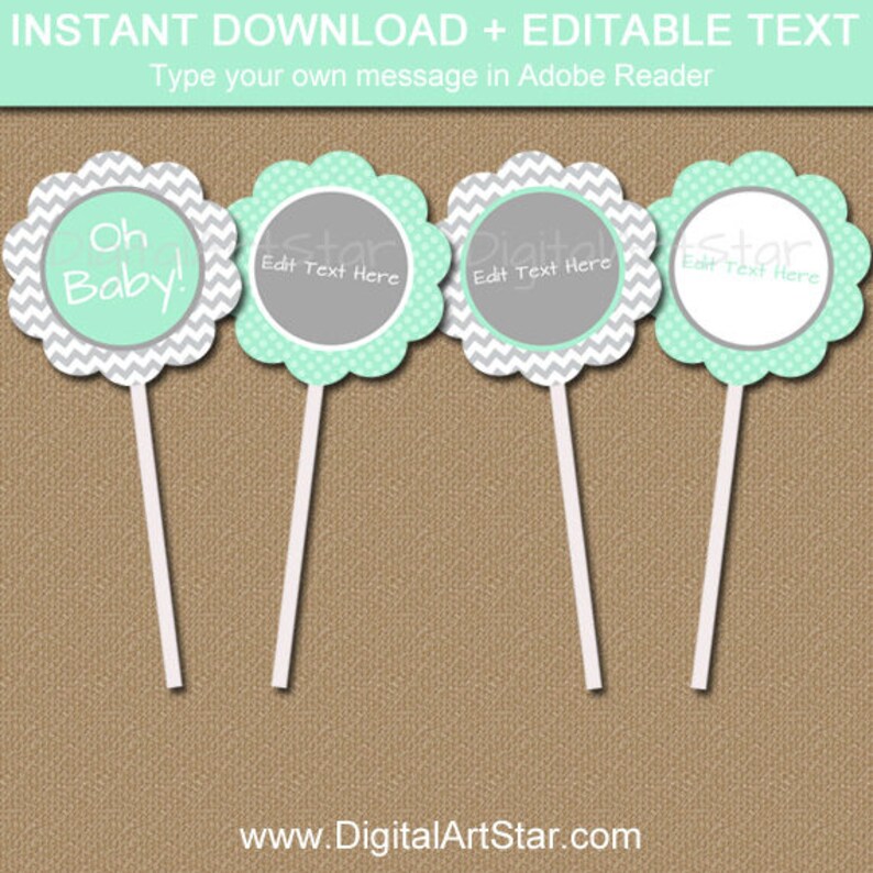 Printable Mint Green Grey Baby Shower Cupcake Toppers Etsy