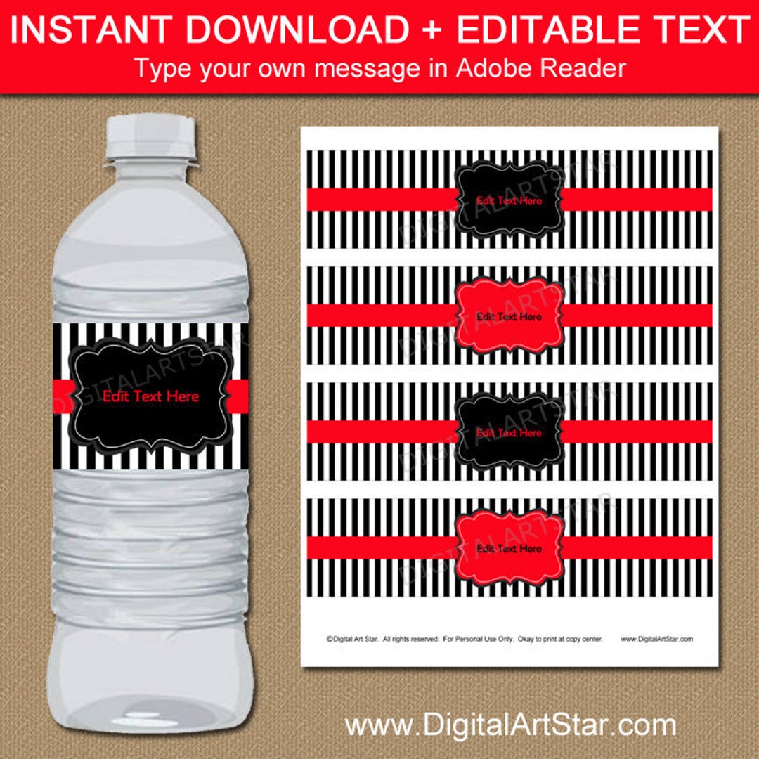 Red and Black Water Bottle Labels Birthday Template Etsy