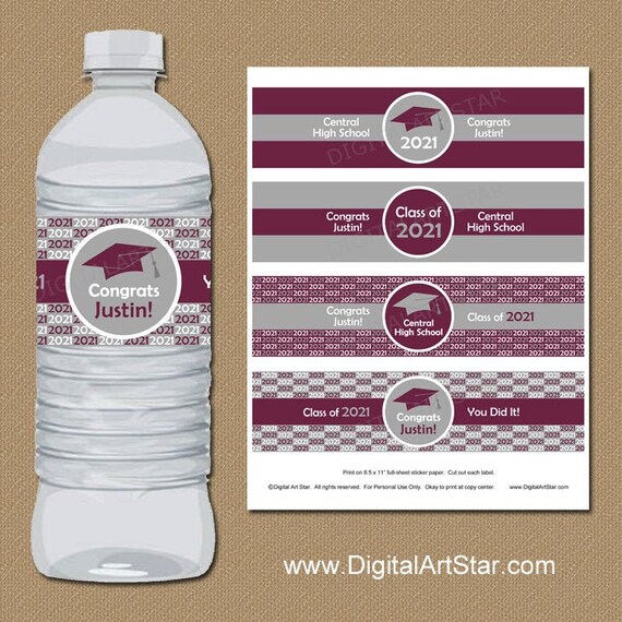 Graduation Party Decorations Maroon and Gray, High School Graduation Water Bottle Labels, Graduation Party Idea, Printable Party Supplies G1 Il_570xn