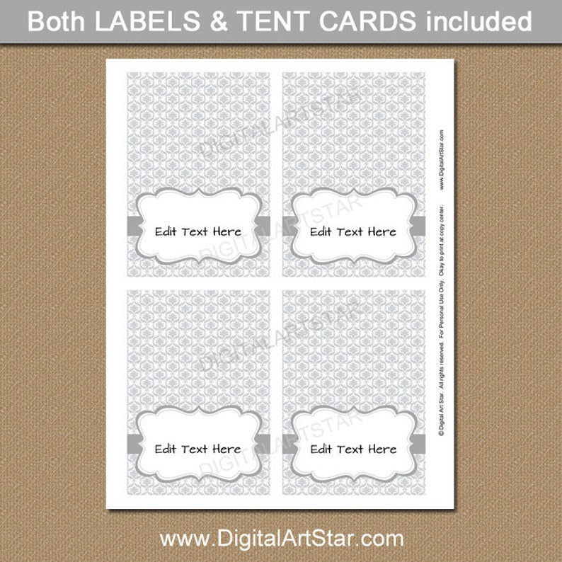 Silver Place Cards, Wedding Labels, Tent Cards, 25th Anniversary Printable Food Card, Food Tents, Candy Buffet Labels, Editable Template PDF image 3