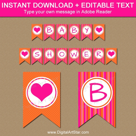 Baby Shower Banner Instant Download Hot Pink And Orange Baby