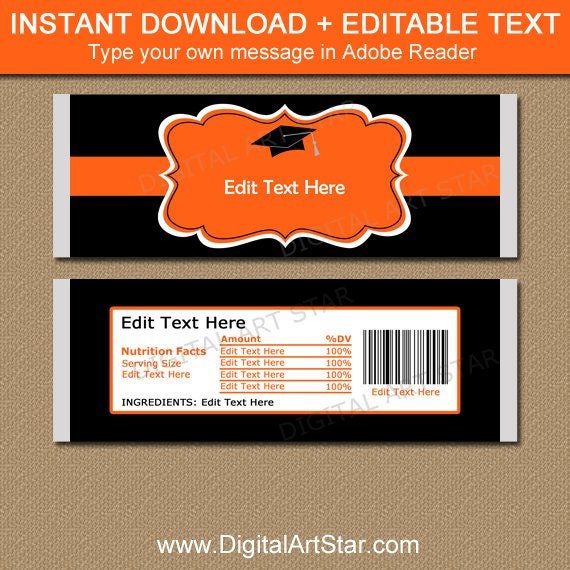 Orange and Black Graduation Candy Bar Wrappers, Graduation Favors for Guests, Graduation Party Favors, Chocolate Bar Wrapper Template G1 Il_570xn