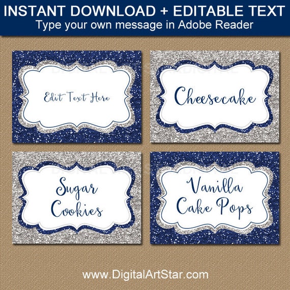 Wedding Place Cards, Printable Place Cards, Navy Silver Wedding Candy Buffet Labels, Navy Gray Wedding Labels, Food Tents, Food Labels B5 Il_570xn