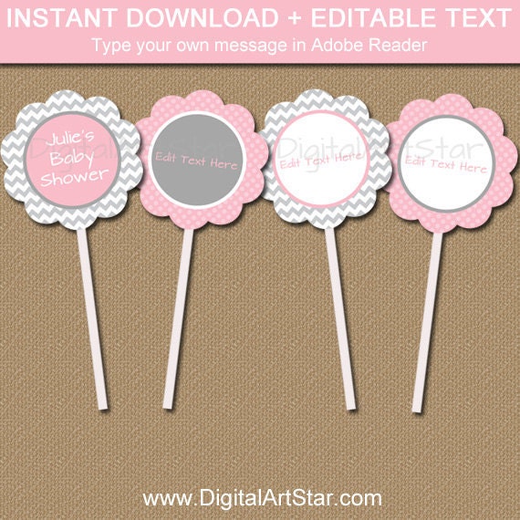 Pink and Gray Baby Shower Cupcake Toppers, EDITABLE Pink Grey Printable
