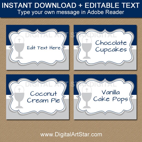 First Communion Food Labels, EDITABLE First Communion Food Tent Cards, Navy and Gray First Communion Party Decorations, Navy and Silver FC1 Il_570xn