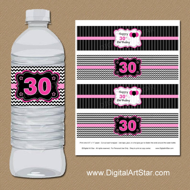 Water Bottle Labels Pink Black 30th Birthday Drink Labels 30th Bday Water Bottle Wraps Birthday Party Printables, Birthday Party Decor image 1