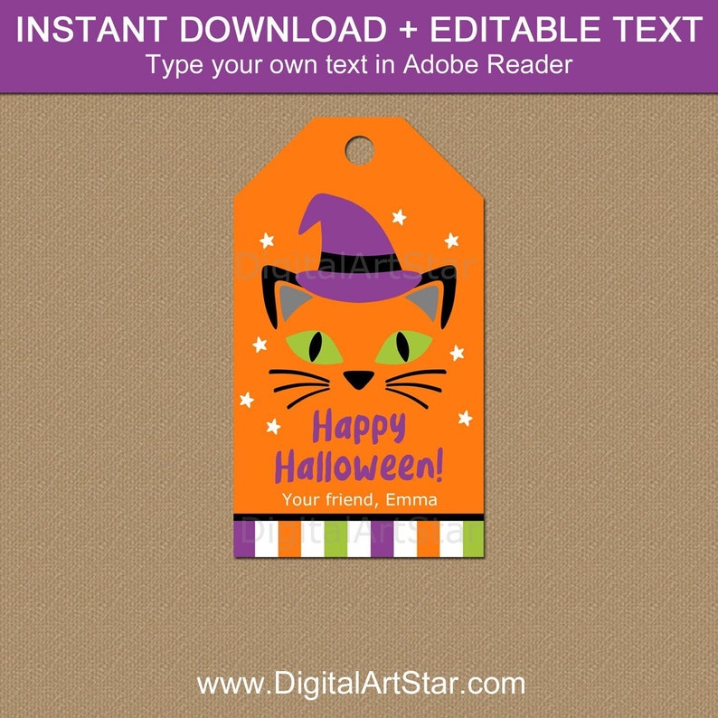 Printable Halloween Gift Tags, Happy Halloween Tags Instant Download, Editable Tags Template, Halloween Cat Witch Tags, Favor Tags Halloween image 1