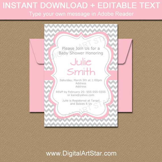 Baby Shower Invitation, Bridal Shower Invitation, Pink and Gray Chevron Invitation Printable Bridal Invitation, Gray Chevron Baby Shower BB1 Il_570xn