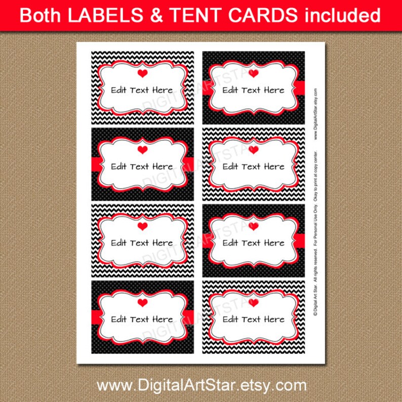 Valentines Day Labels Printable Chevron Black Red Candy Buffet Labels, Tent Cards EDITABLE Valentine Buffet Cards, Food Tags V1 image 2